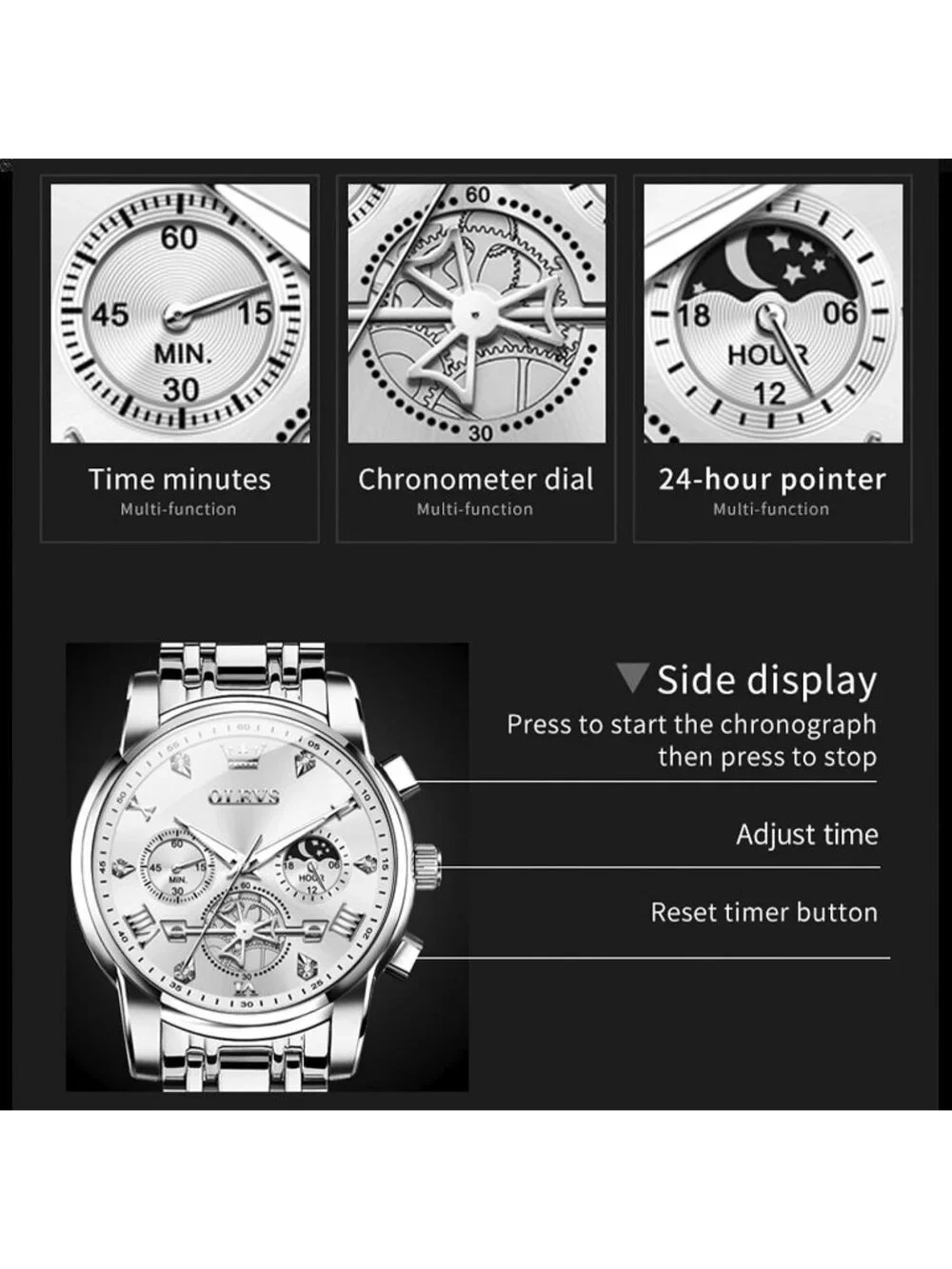 Men's All silver Stainless Steel Waterproof Big Face Multifunction  Wrist Watch